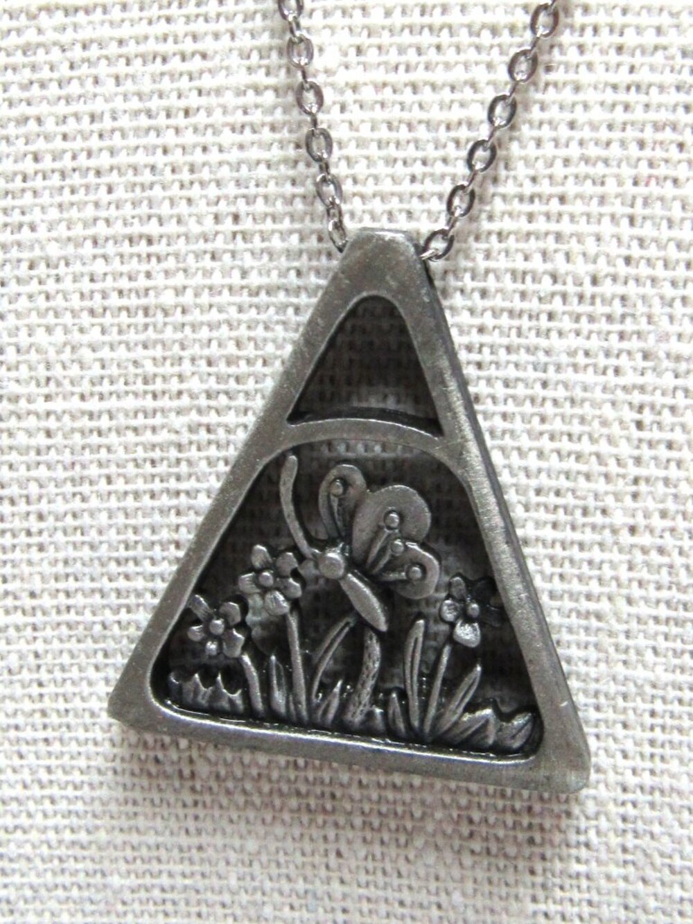 Pewter Style Pendant Necklace Triangle Shape Butterfly & Flowers Nakagawa Pretty